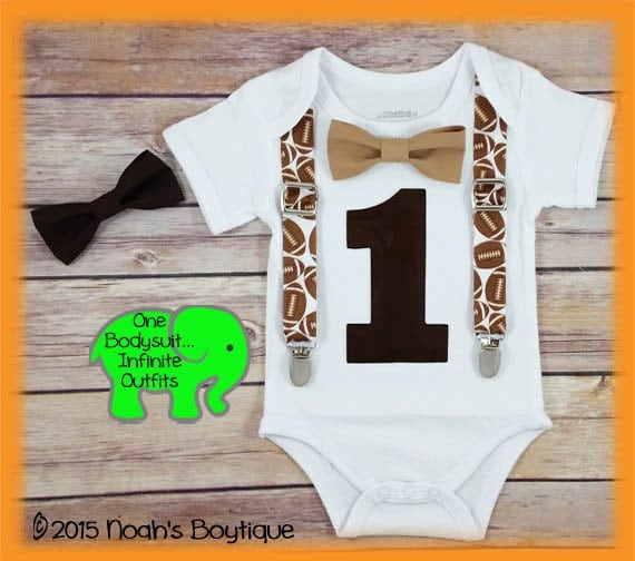 Football First Birthday Outfit - Football Shirt - Number One Shirt - Football Suspenders Brown Bow Tie - 1st Birthday - Football Theme Party by NoahsBoytiques