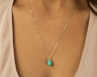 Simple Turquoise Necklace, Genuine Turquoise Briolette Drop on Dainty 14K Gold Fill or Sterling Silver Chain by Layered and Long LN604