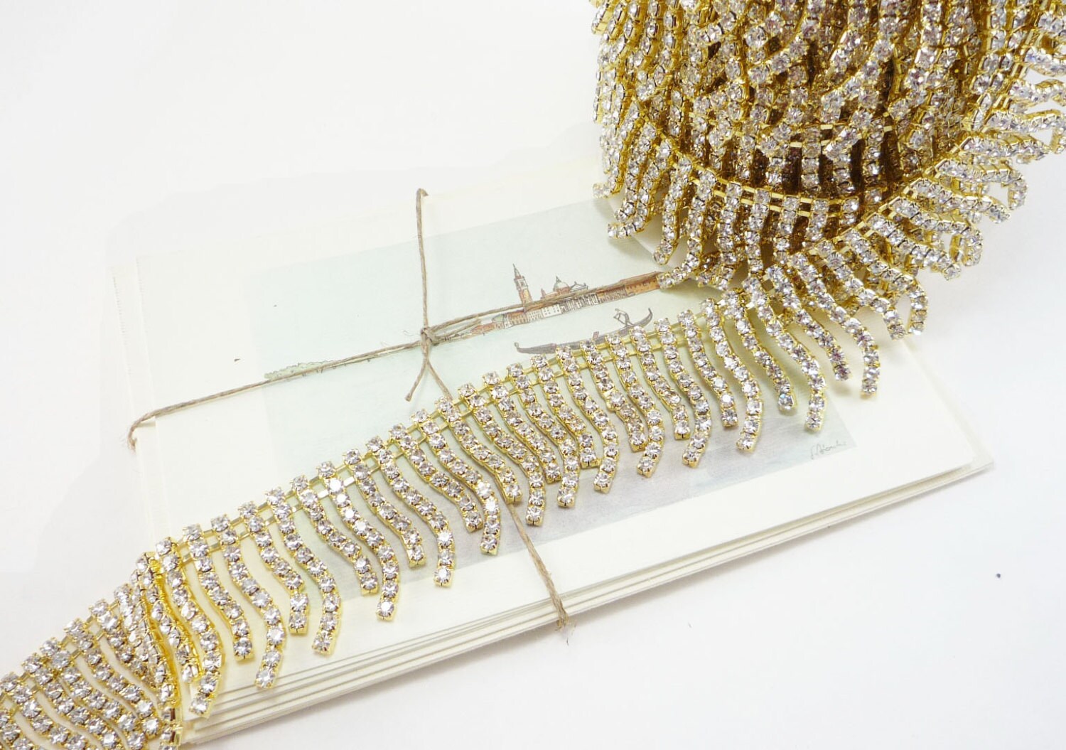 Gold Rhinestone Fringe Trim Rhinestone Chain Clear Crystal