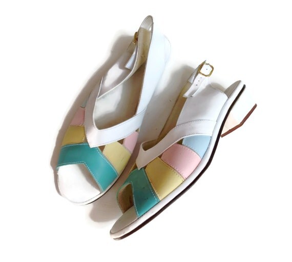 Rainbow Shoes  Pastel Sandals Heels  80's Peep Toe  Vegan Faux ...