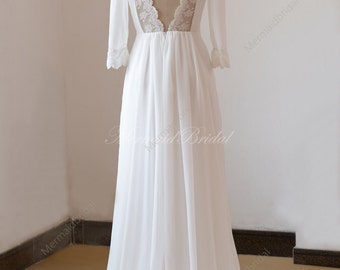 Lace open back ivory a line chiffon wedding dress with mid sleeves