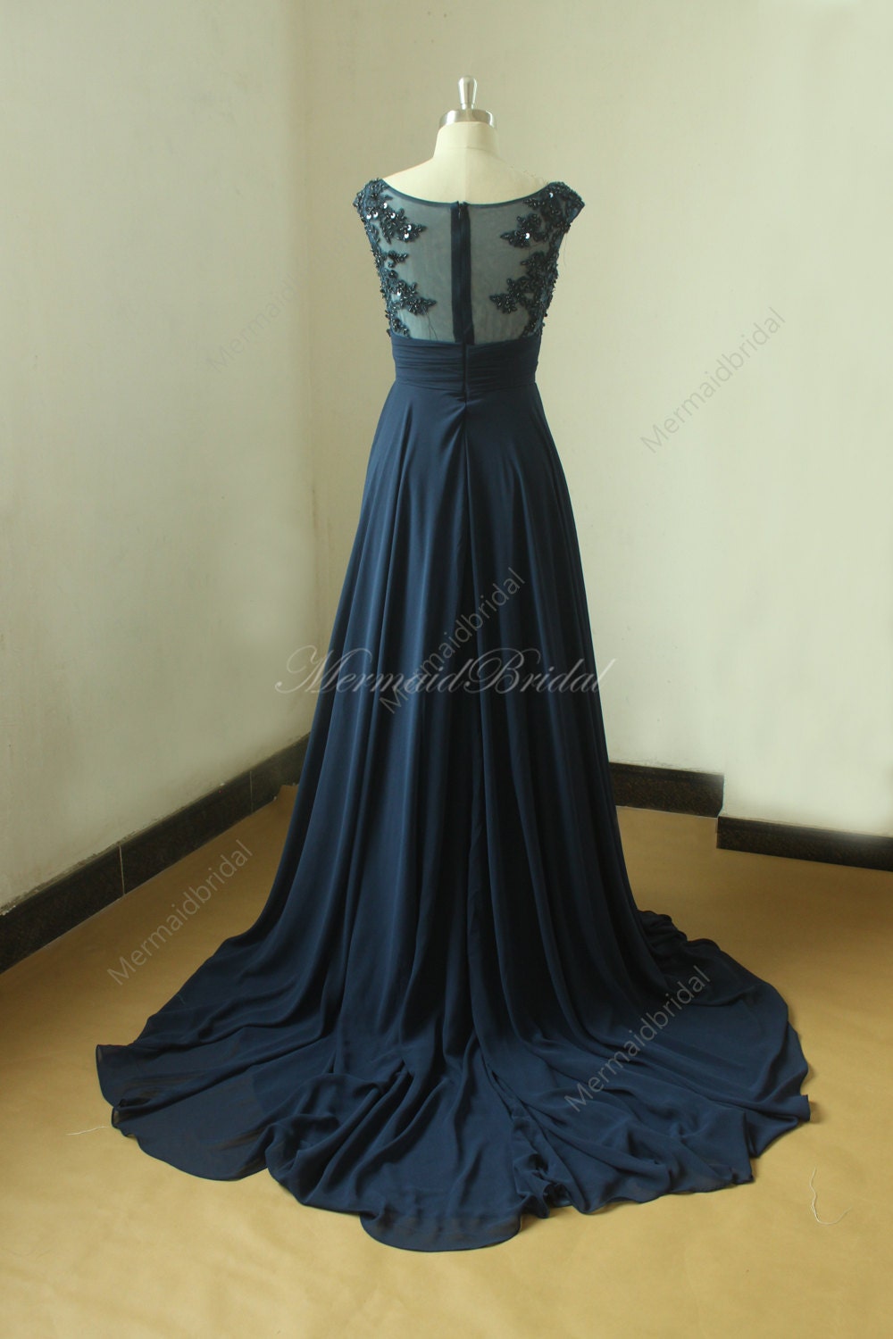 Backless Navy blue A line chiffon lace wedding dress with