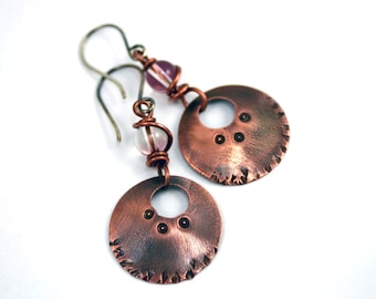 Boho Dangle Earrings - Hammered Copper with Antique Pink Glass Bead and Patina