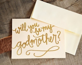 Will You Be My Godmother Card, Godfather Card, Godparents Card - Glitter Embossed Handwritten Calligraphy Godparent Card, Baptism Gift