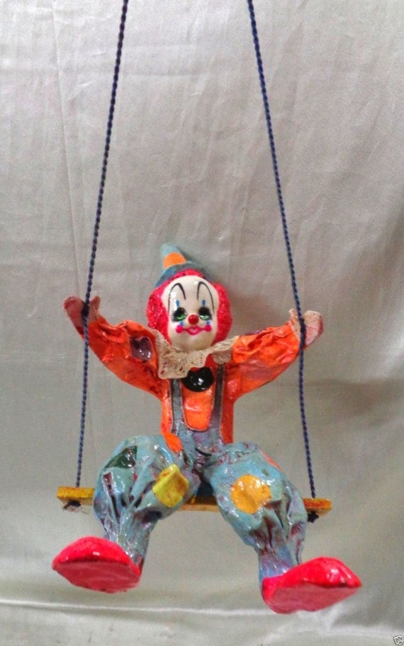 Colorful Hand Painted Clown on Swing Hanging Paper Maché