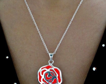 Red Rose Glow Necklace - Glow in the Dark Necklace - Glow in the Dark Jewelry - Glowing Rose Necklace - Silver Rose Pendant - Gifts for Her