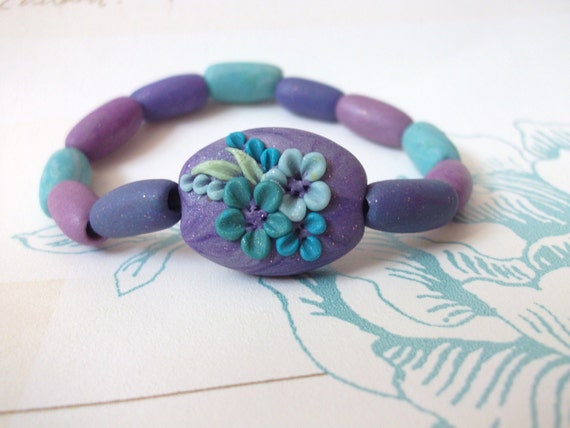 Purple and Blue Polymer Clay Beaded Stretch Bracelet, with Flower Focal Bead