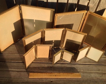 Set of Nine (9) Bi-fold Frames Gold Metal Frames with Glass Vintage Display 13 Pictures!