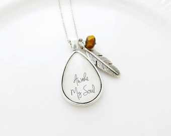 Awake My Soul Handcrafted Teardrop Pendant Necklace With Feather and Bead Charm