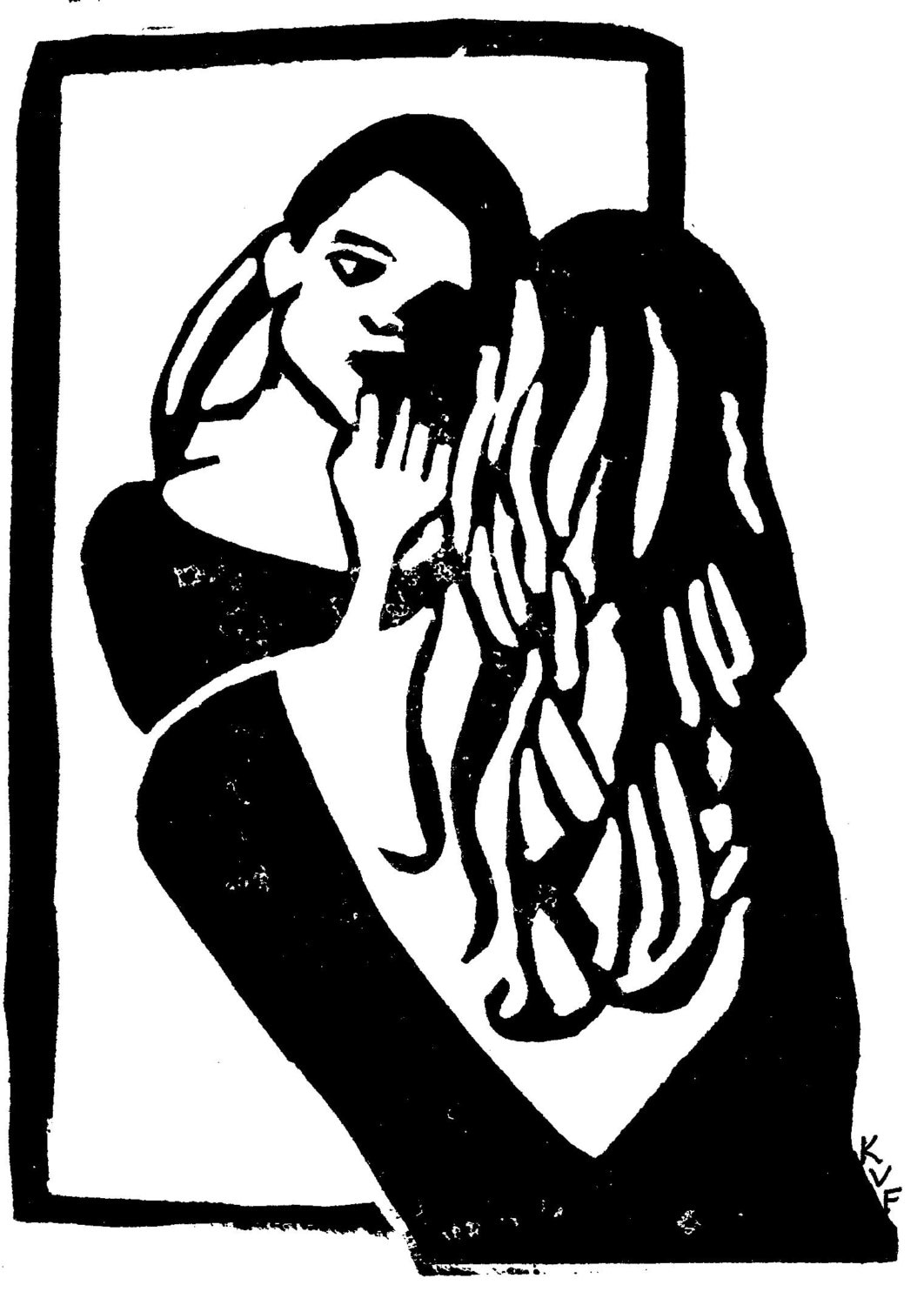 Girl Looking In Mirror Linocut Print Black and White by KVGifts