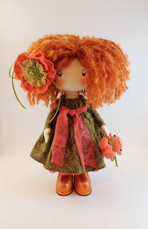 Doll Ivi redhead textile doll, cloth doll orange and green
