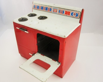 A Vintage 'Gabriel' Brand Raggedy Ann Tin Litho Toy Stove in Red and White From the 1940s -1950s - Made in the USA