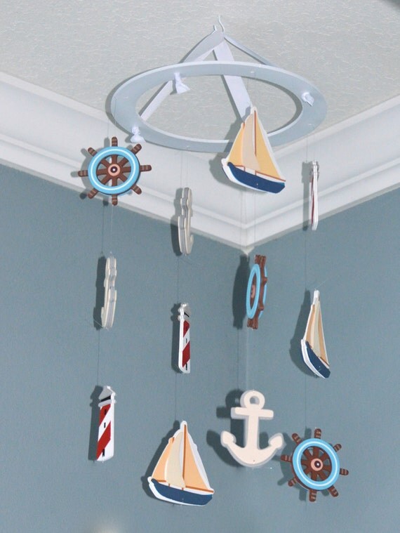Items similar to Nautical Baby Mobile Wooden Sailboat ...