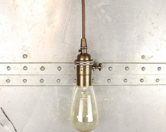 Free Shipping! Industrial Pendant Light Antique Brass Bare Bulb Socket Edison Bulb Plug In or Canopy Rayon Cloth Covered Black Brown Wire