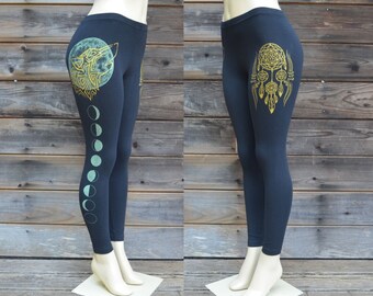 Tribal Wolf and Full Moon Leggings - Glow in the Dark Leggings - Yoga Leggings - Black Leggings - Womens Festival Leggings