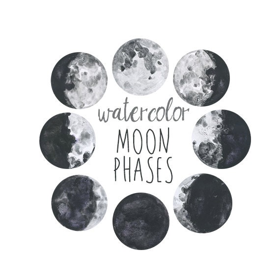 Watercolor Moon Phases Lunar Chart Clip Art Digital Download