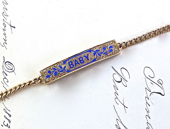 Victorian  baby rose Heart Blue  Antique Gold Bracelet, id 14k Id Rose Baby, gold bracelet Enamel