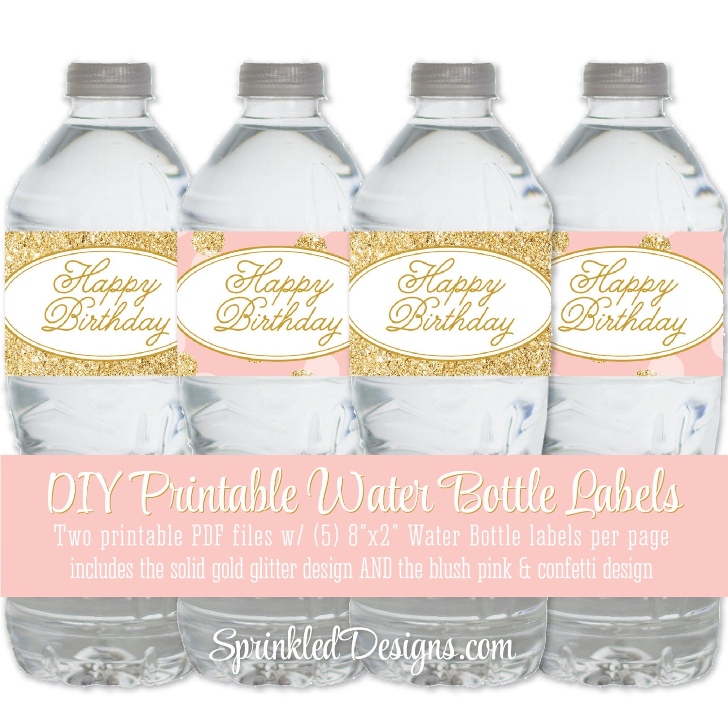 printable water bottle labels happy birthday blush pink gold