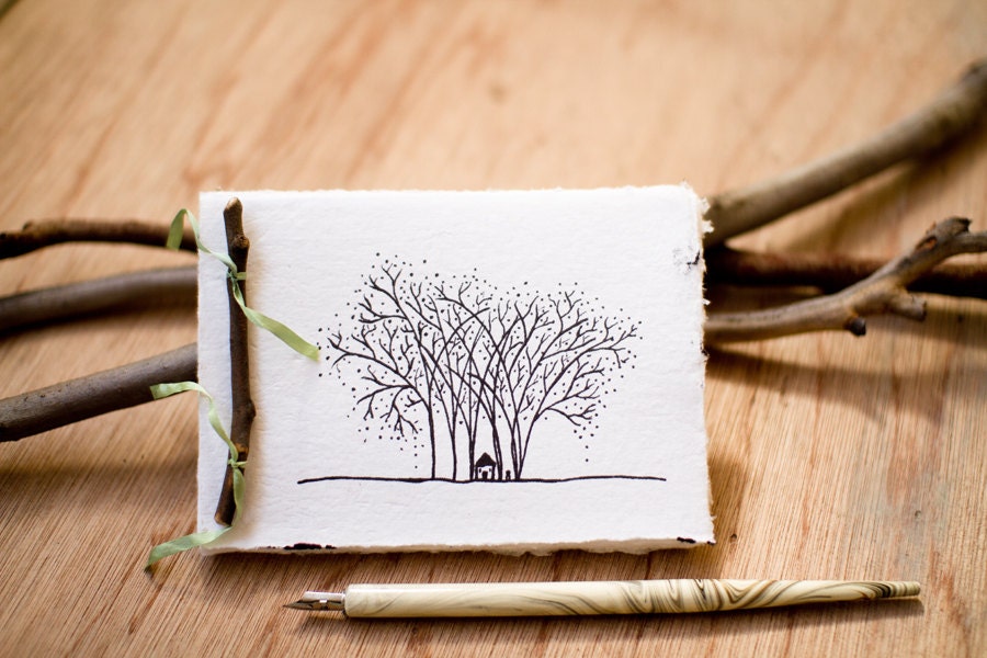 Notebook made from recycled handmade paper with Cottage in the