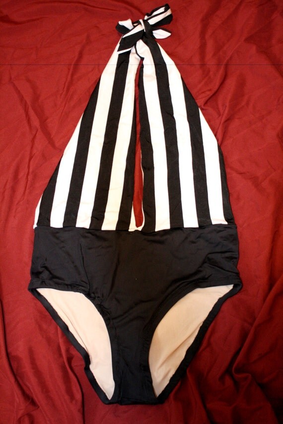 Beetlejuice black and white striped one piece swimsuit
