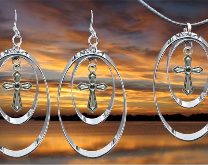 Silver Double Hoop Cross Earrings Necklace Pendant Set Drop Dangle Womans Girls Christian Jewelry - Saint Michaels Jewelry