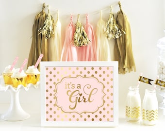 Its a Girl Sign - Baby Shower Signage - Pink and Gold Baby Shower Sign Polka Dot Girl Baby Shower Decor Ideas (EB3058FB) - Printed SIGN ONLY