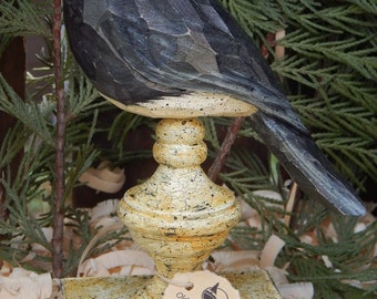 Hand Carved Bird (Black Phoebe) on Antiqued Finial