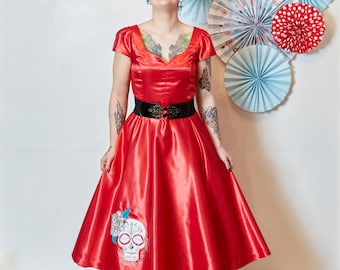 Red wedding dress ~ Alternative wedding dress ~ embroidered dress ~ Day of the dead ~ Dias de los muertos ~ Retro dress ~ 50s dress