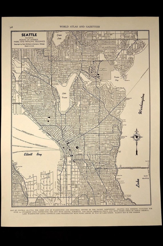 Vintage Street Map Seattle Washington 1940s by ...
