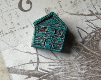 Rustic Turquoise House Bead, Folk Art Bead, Polymer Clay