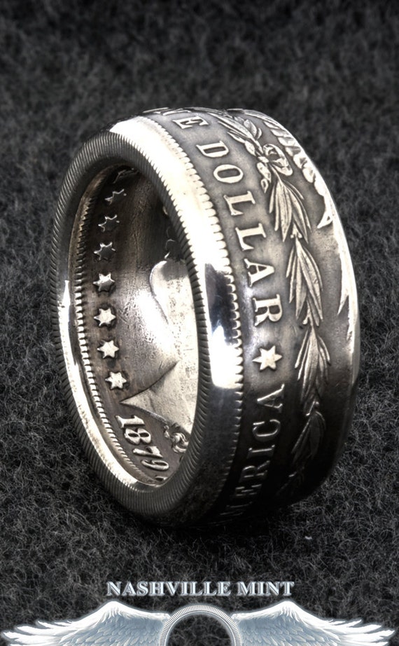1878 Silver Morgan Dollar Coin Ring Sizes 9-23 Half Unique Gift Men's Large 3D Double Sided Coin Ring Wedding Band 12mm Wide 39th Birthday