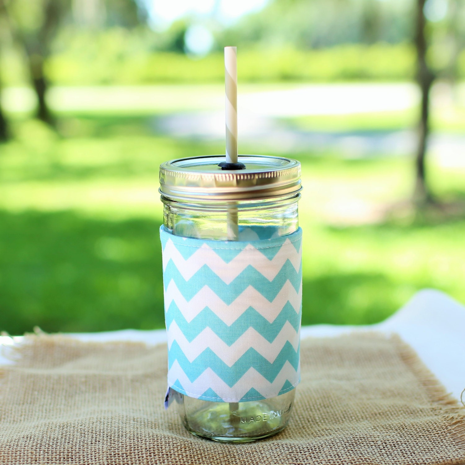 Personalized Chevron Mason Jar Tumbler Aqua and White