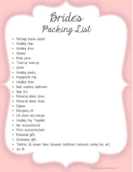 printable brides packing list