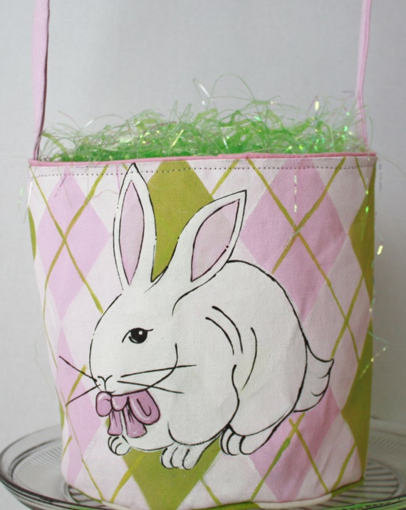 Easter Basket, Personalized, hand painted, pink, bunny, lime, pink, white, argyle