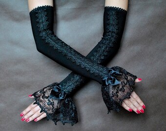 Elegant Evening Gloves GOTHIC VAMPIRE Victorian Burlesque Evening Glamour long, armwarmers,fingerless mittens,prom, black friday, Halloween