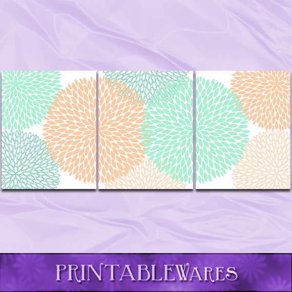 Items similar to Peach and Mint Nursery Decor Wall Art Print Chrysanthemum Floral Burst Set of