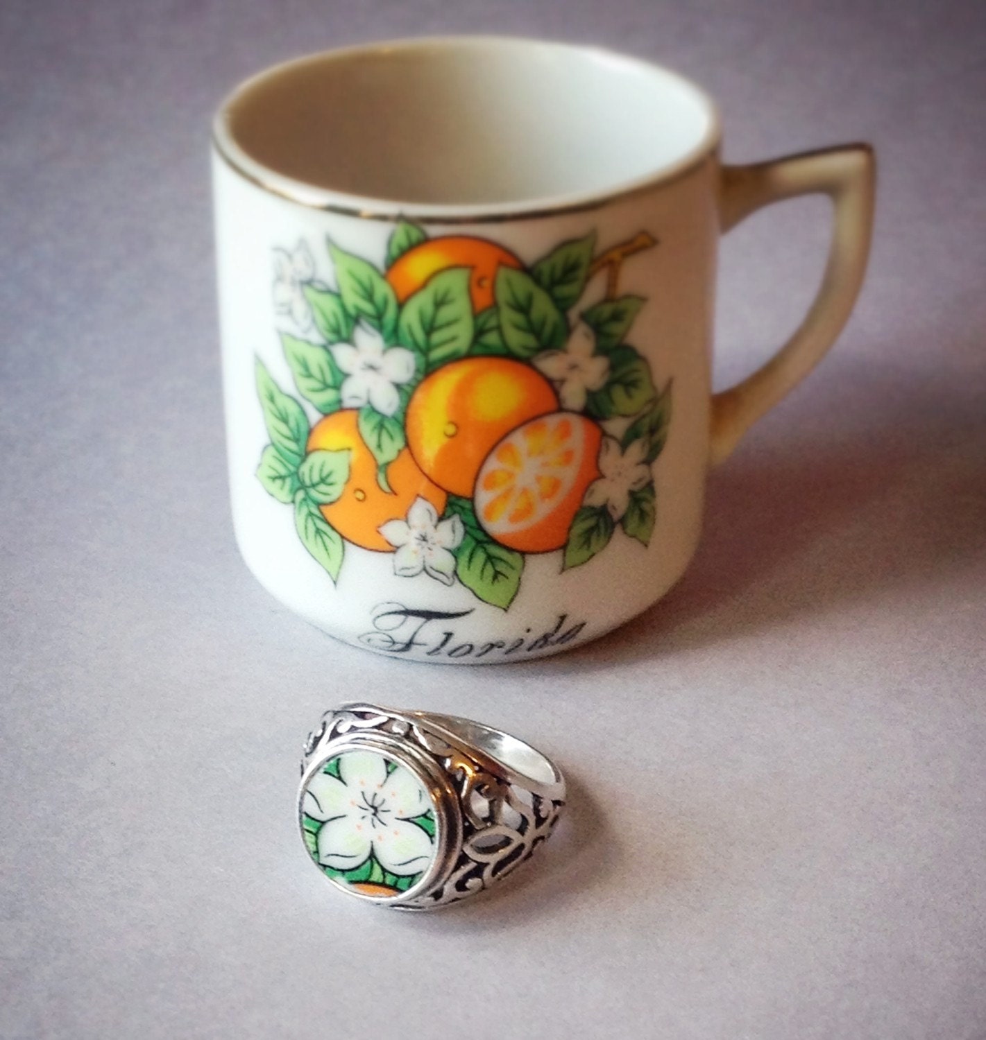 Sterling silver vintage ceramic ring white by