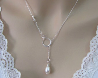 Pearl Lariat Necklace, Sterling Silver Infinity Necklace, June Birthstone, Pearl Birthstone, Pearl Necklace, Wedding Jewelry, Bride Necklace