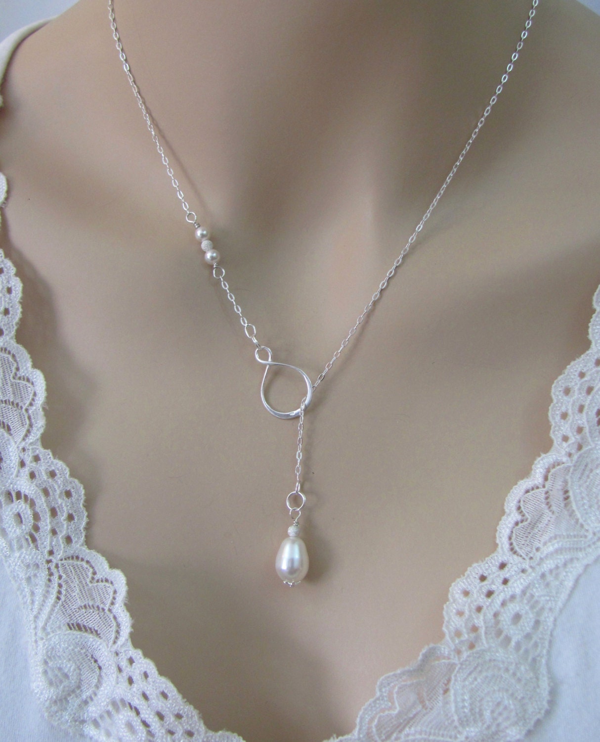 Pearl Infinity Lariat Necklace in Sterling by