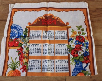 Vintage 1984 Tea Towel Wall Hanging Calendar, vintage tea towel, vintage calendar tea towel