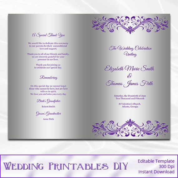 Items similar to Purple and Silver Wedding Program Template, Silver ...