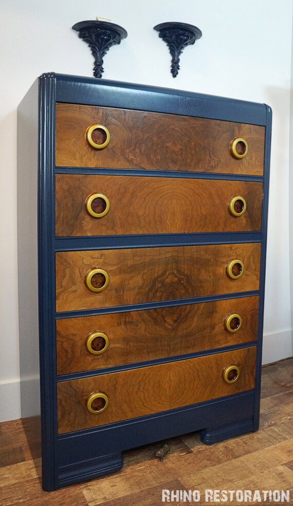 Items similar to SOLD Blue Art Deco Waterfall 5 Drawer Dresser with Round Bakelite Drawer