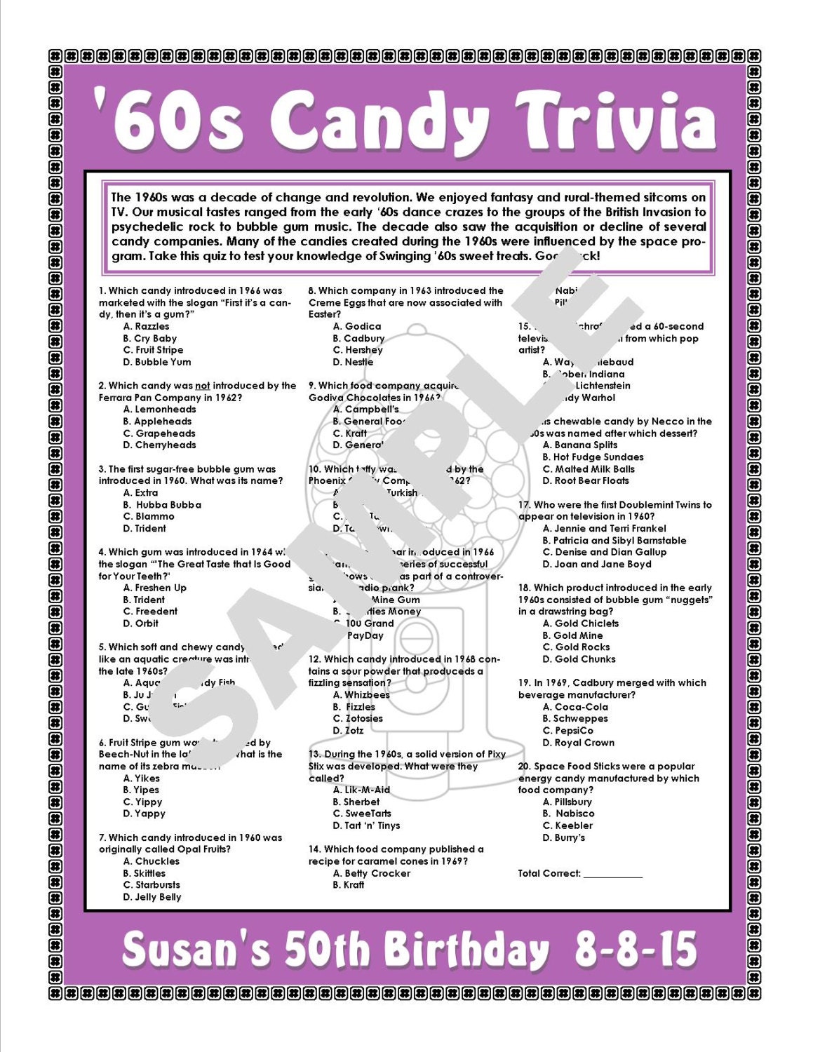 1960s Candy Trivia Printable GamePersonalize for Birthdays