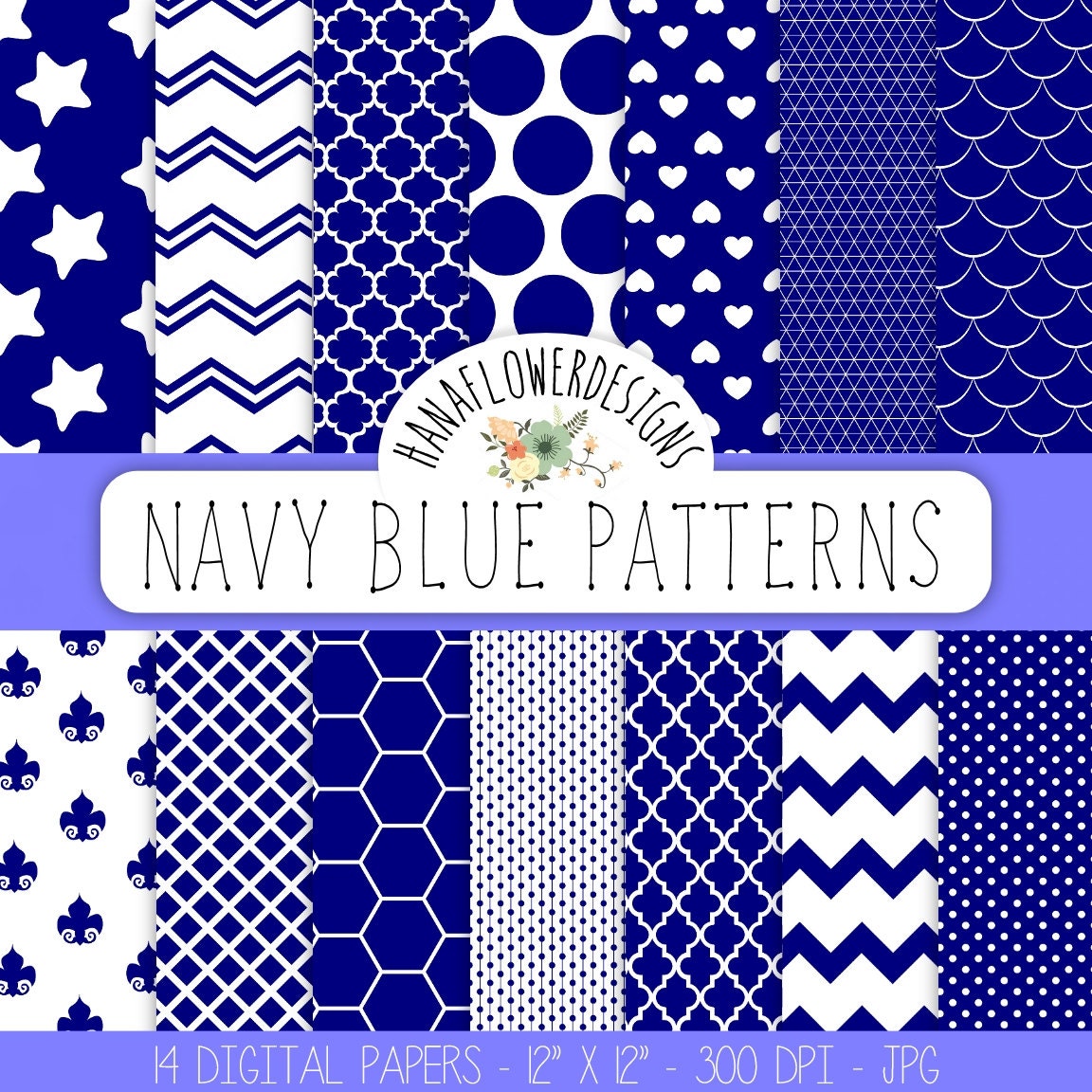 Blue digital paper: Navy Blue Patterns with by hanaflowerdesigns