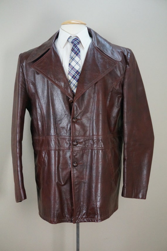 Men's Leather Jacket / Vintage 70s Oxblood Brown Button