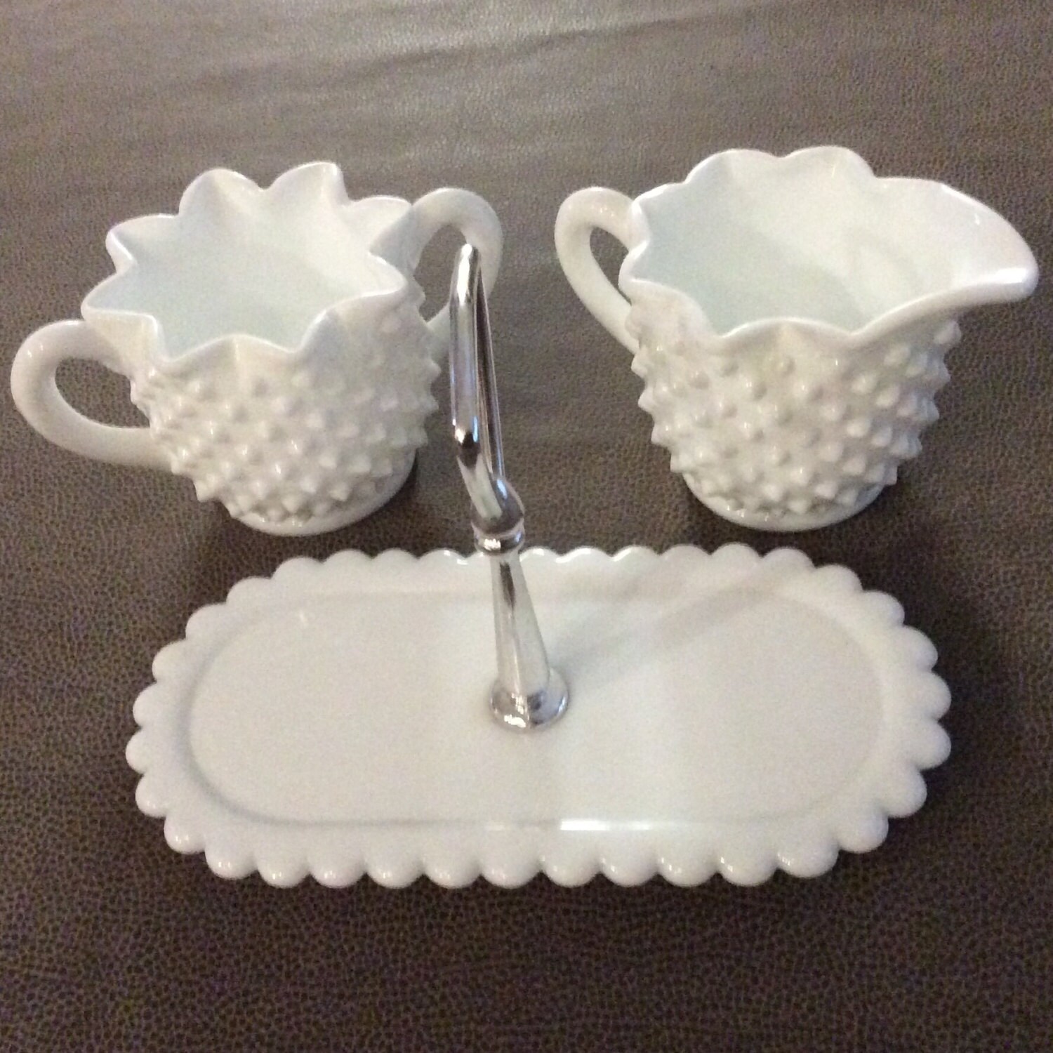 Milk Glass Hobnail Cream Sugar Tray Set Vintage Excellent