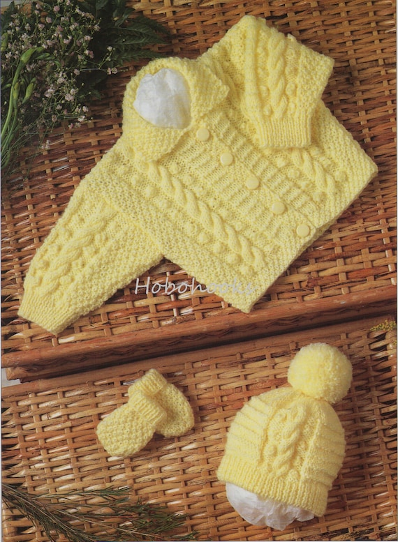 Baby aran jacket hat mitts Knitting Pattern pdf baby cable