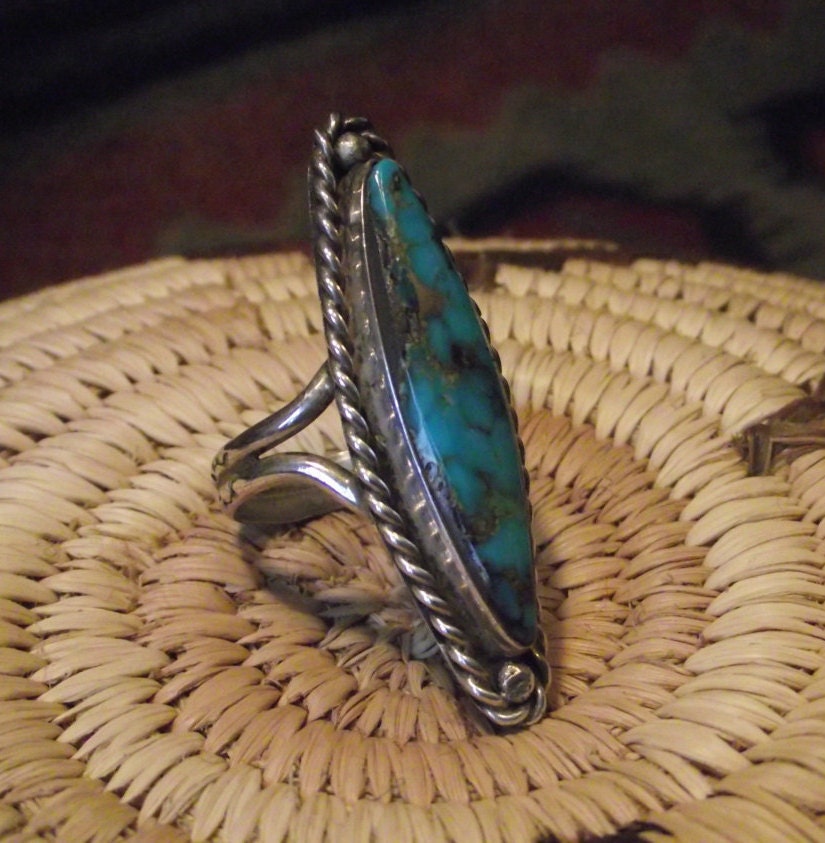 Long Turquoise old pawn jewelry ring size 7 sterling turquoise