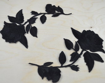 2 Black Embroidery Rose Patches/ Black Flower Applique with Iron-on Backing. Option for Mirrored Shape. Please Leave Note on Purchase