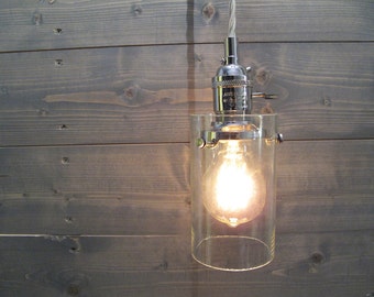 Recycled Wine Bottle Pendant Light - Large Clear Cylinder - Upcycled Industrial Glass Ceiling Light